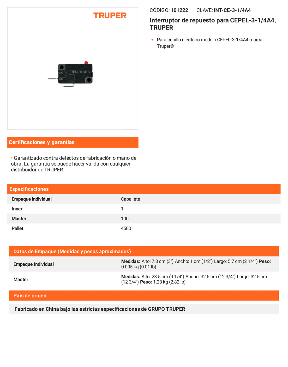 Ficha tecnica - Interruptor para CEPEL-3-1/4A4 - SKU 101222