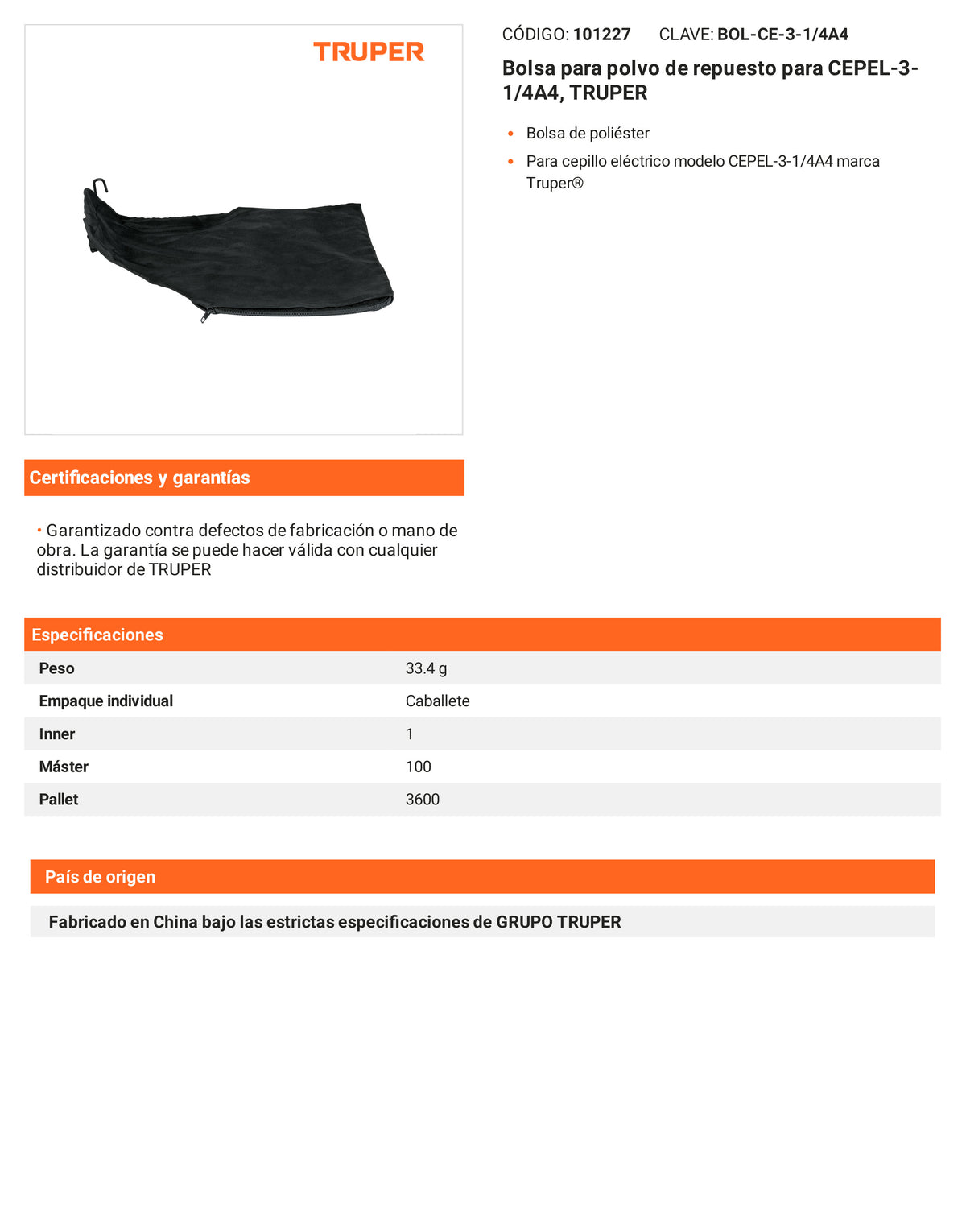 Ficha tecnica - Bolsa para polvo para CEPEL-3-1/4A4 - SKU 101227