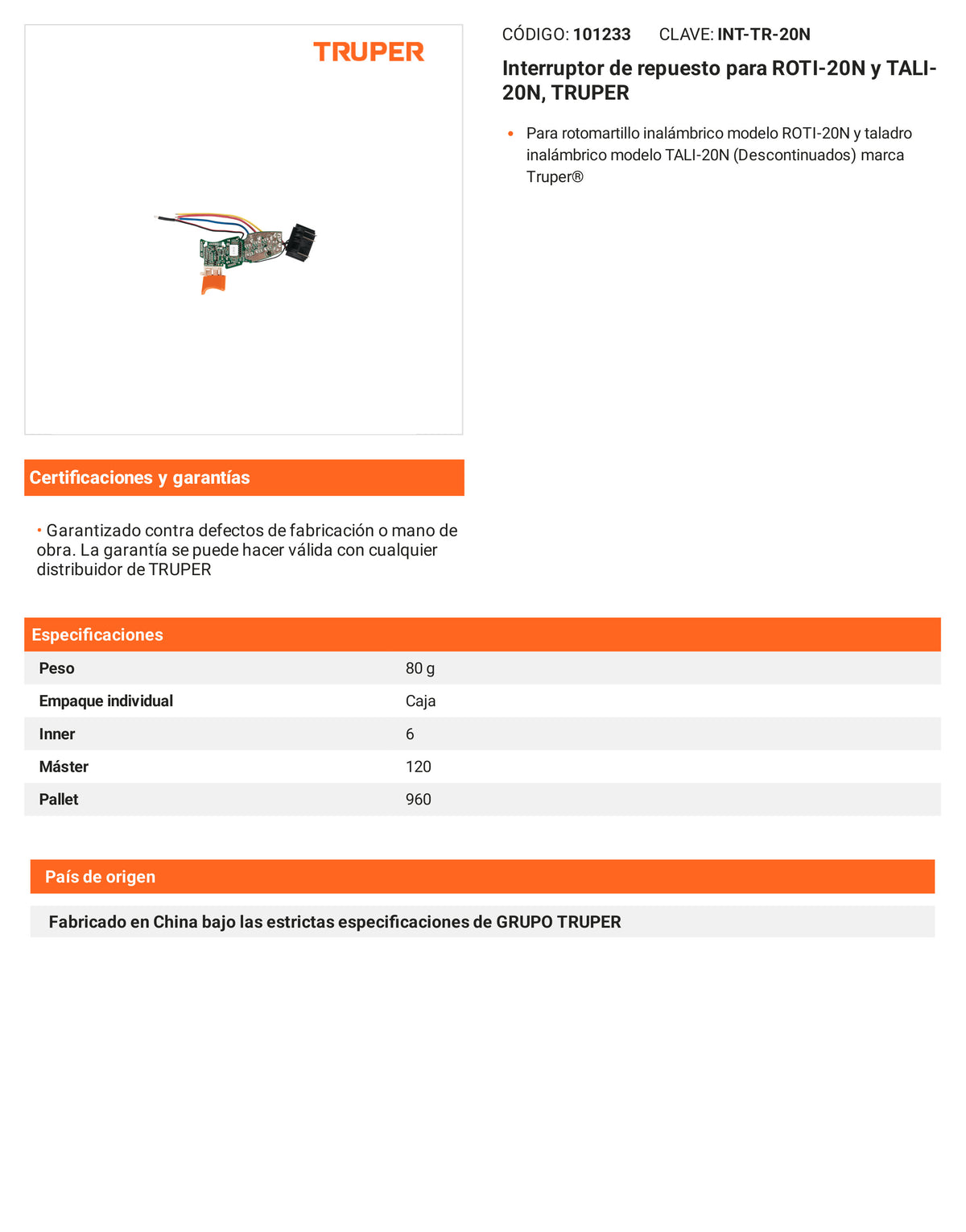 Ficha tecnica - Interruptor para ROTI-20N y TALI-20N - SKU 101233