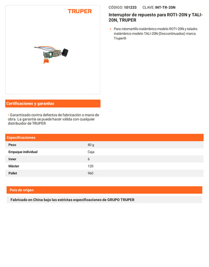 Ficha tecnica - Interruptor para ROTI-20N y TALI-20N - SKU 101233