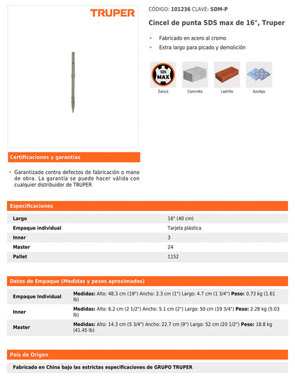 Cincel de punta SDS max de 16"