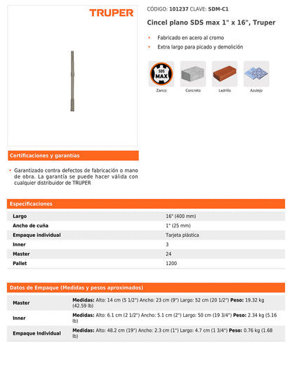 Cincel plano SDS max de 1" x 16"