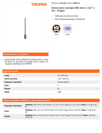 Cincel para azulejo SDS max de 1-1/2" x 16"