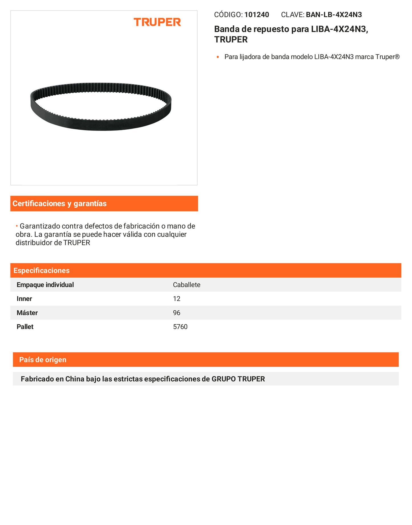 Ficha tecnica - Banda para LIBA-4X24N3 - SKU 101240