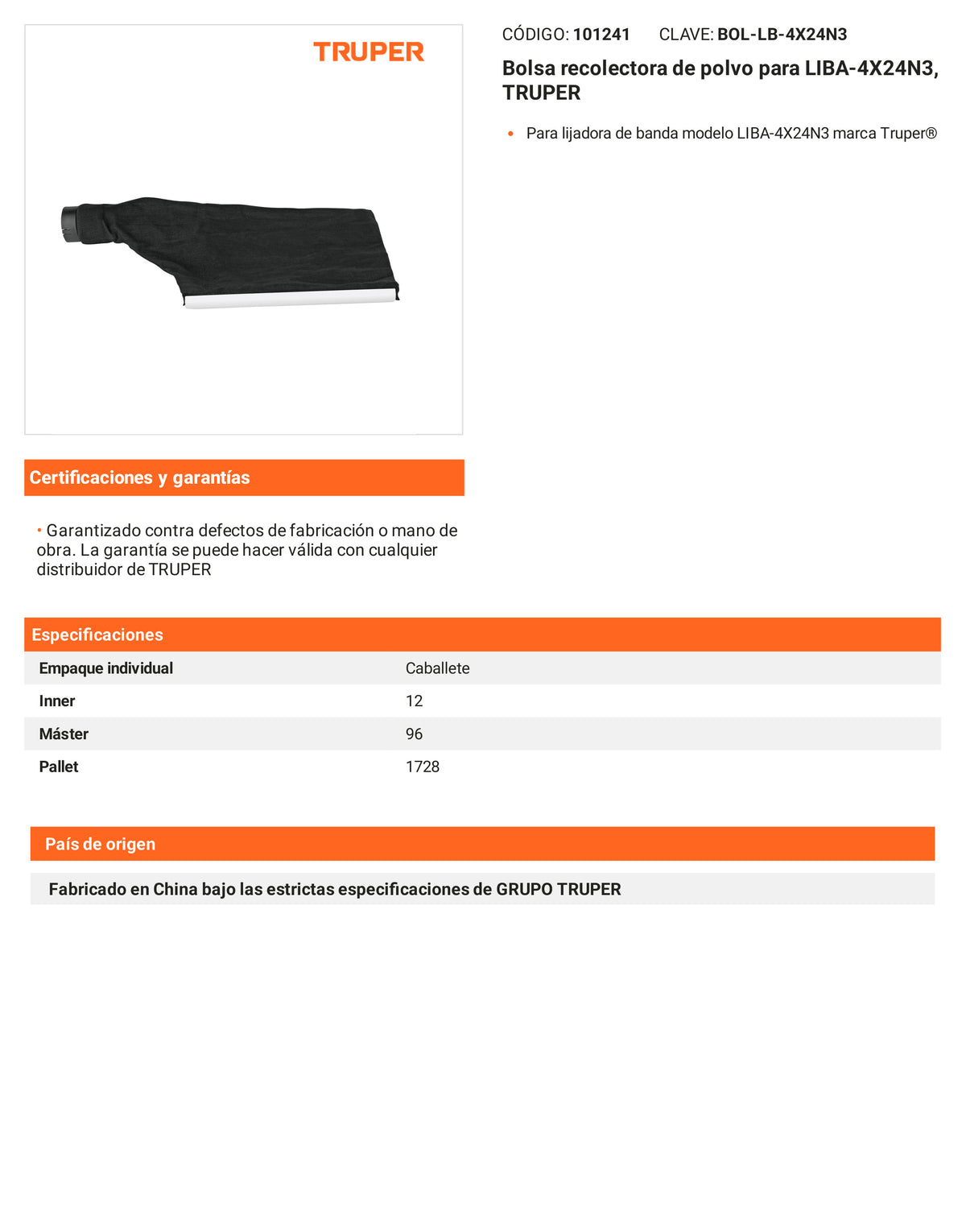 Ficha tecnica - Bolsa recolectora de polvo para LIBA-4X24N3 - SKU 101241