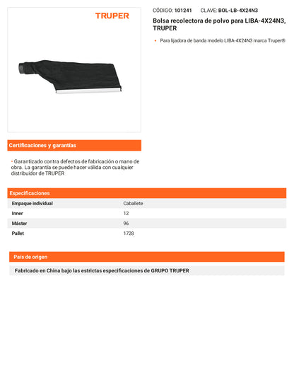 Ficha tecnica - Bolsa recolectora de polvo para LIBA-4X24N3 - SKU 101241
