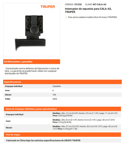 Ficha tecnica - Interruptor para CALA-A3 - SKU 101250