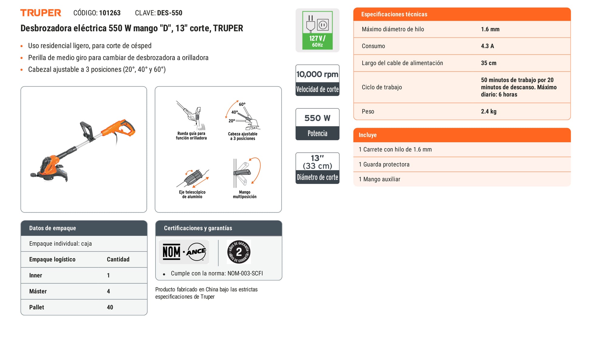 Ficha tecnica - Desbrozadora electrica 550 W mango D 13 pulg - SKU 101263