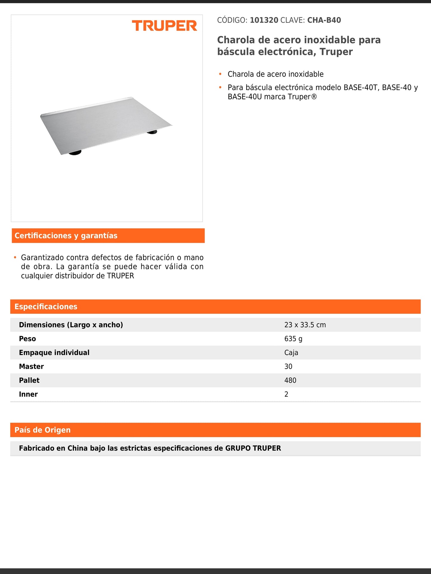 Charola de acero inoxidable para báscula electrónica