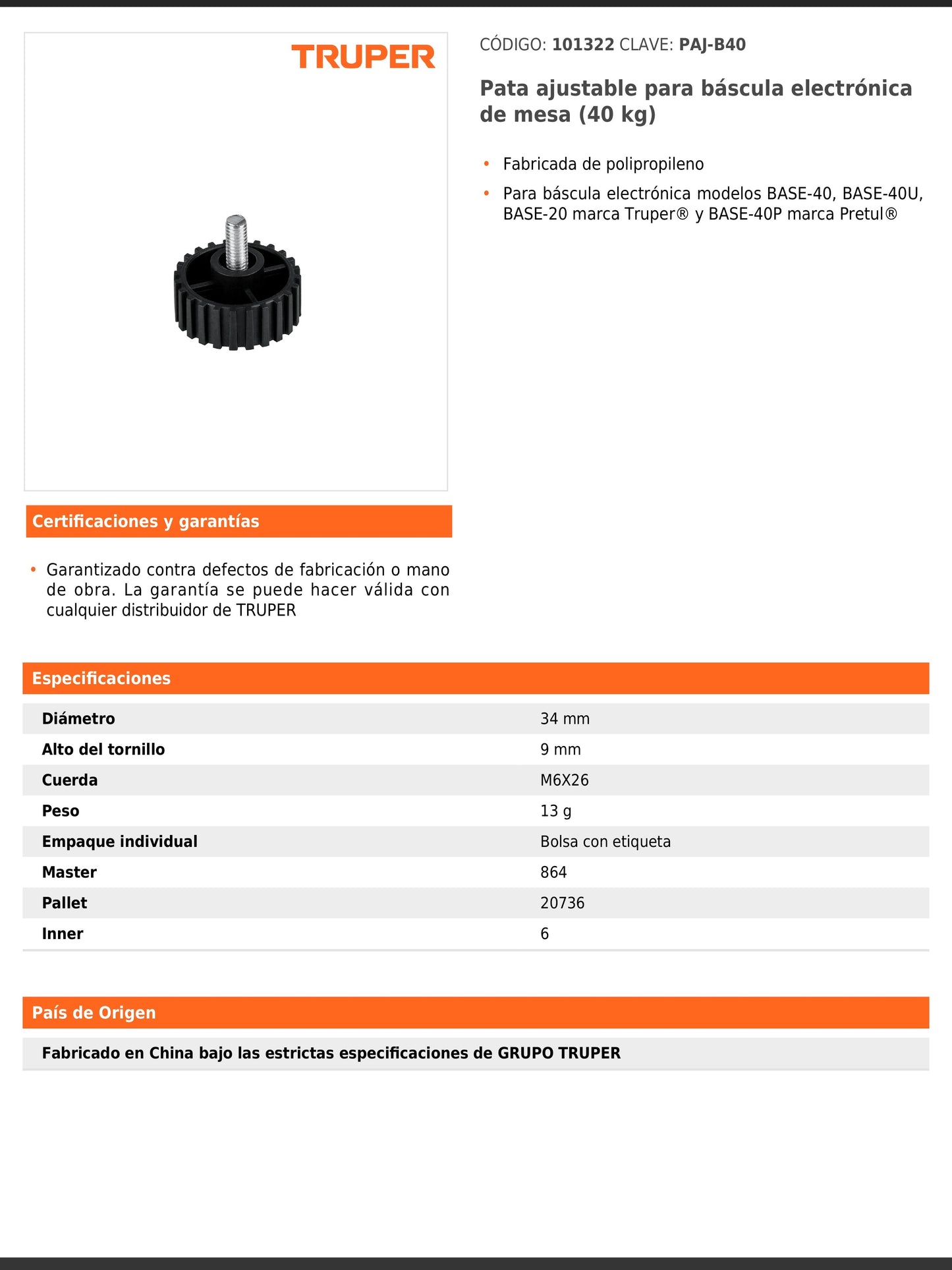 Pata ajustable para báscula electrónica de mesa 40 kg