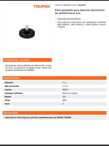 Pata ajustable para báscula electrónica de plataforma 8 mm