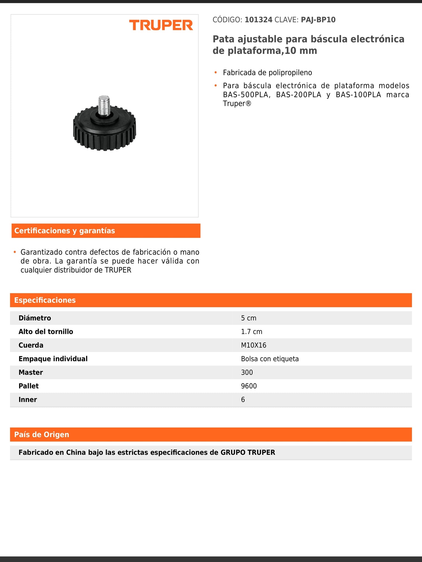 Pata ajustable para báscula electrónica de plataforma 10 mm