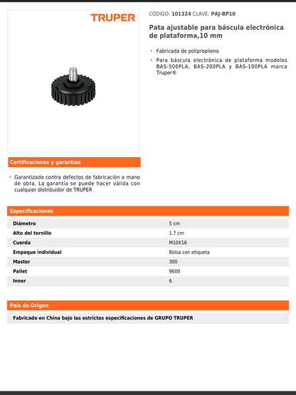 Pata ajustable para báscula electrónica de plataforma 10 mm