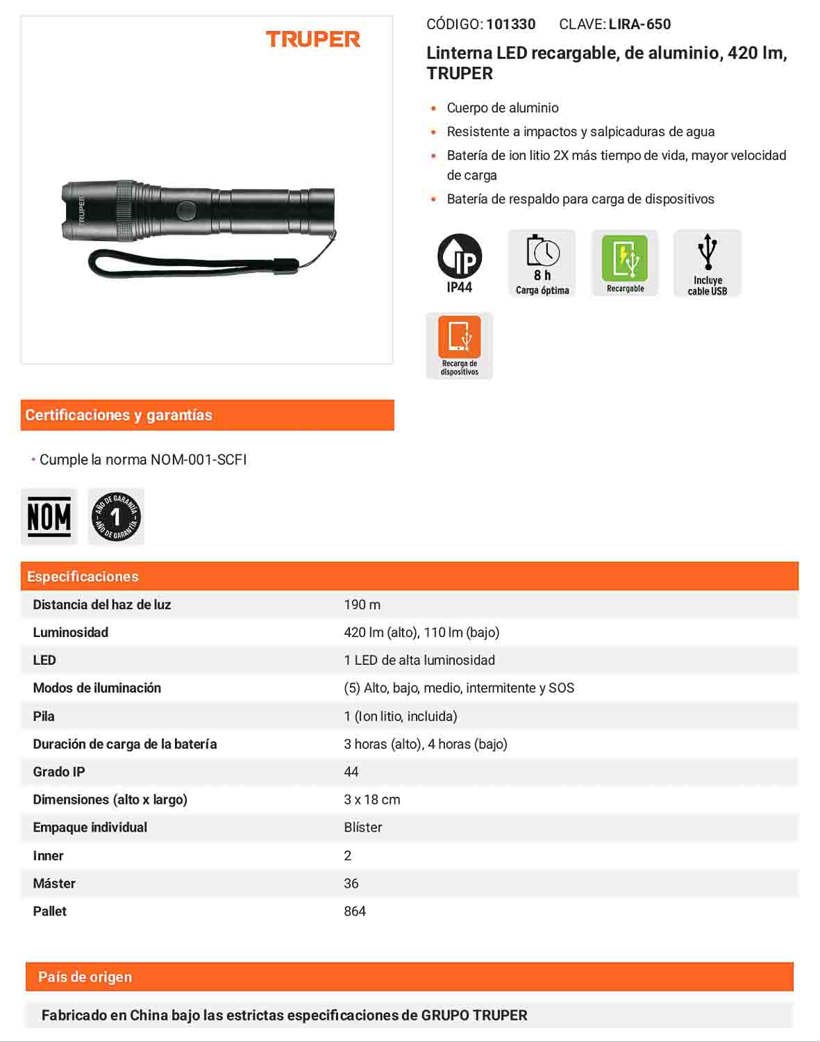 Linterna de aluminio LED 420 lm recargable