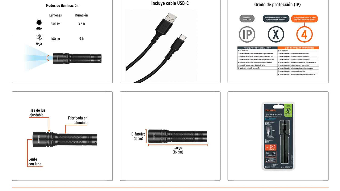 Linterna de aluminio LED 340 lm recargable