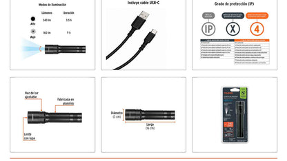 Linterna de aluminio LED 340 lm recargable