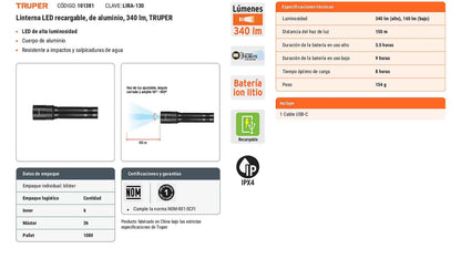 Linterna de aluminio LED 340 lm recargable