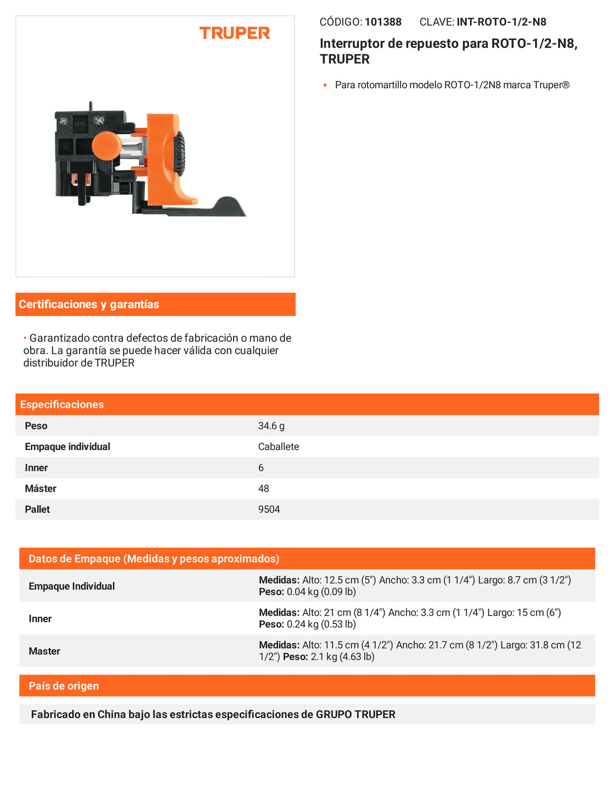 Ficha tecnica - Interruptor para ROTO-1/2-N8 - SKU 101388