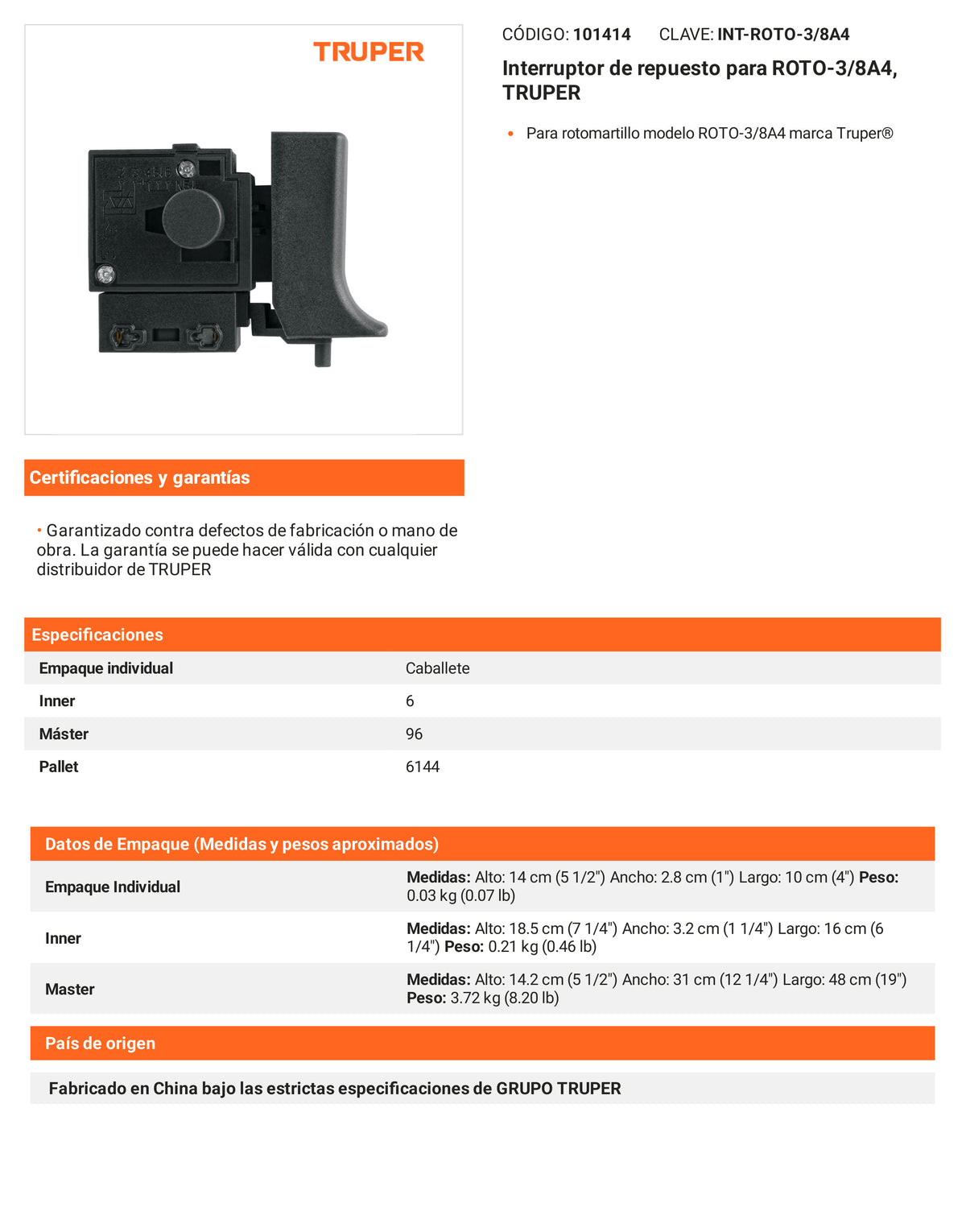 Ficha tecnica - Interruptor para ROTO-3/8A4 - SKU 101414