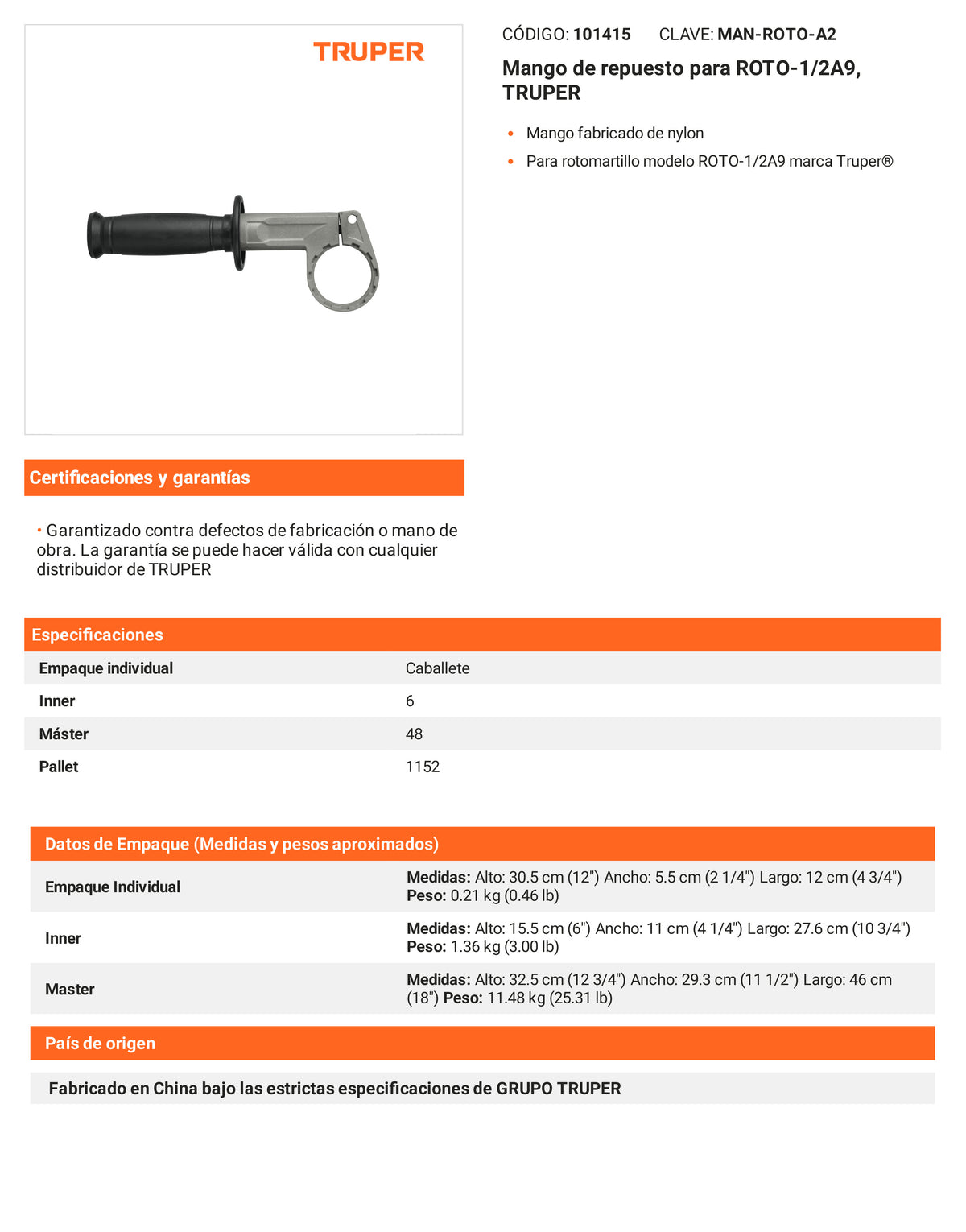 Ficha tecnica - Mango para ROTO-1/2A9 - SKU 101415