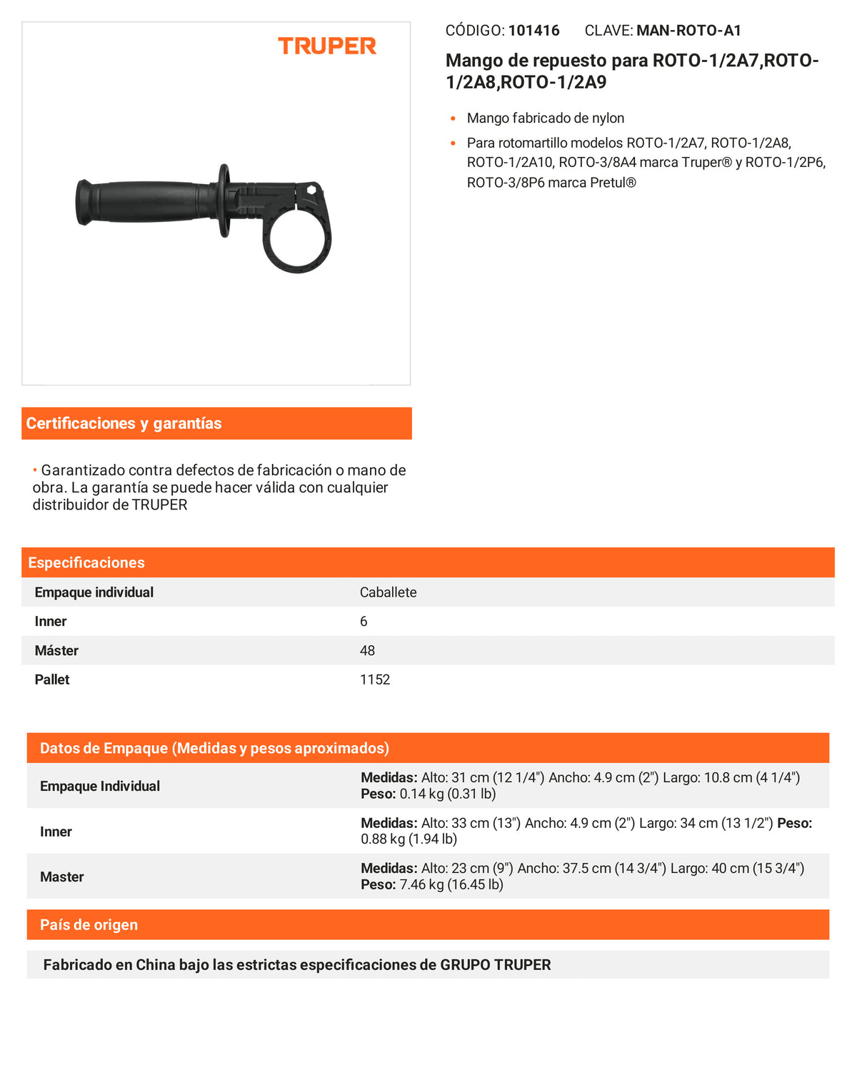 Ficha tecnica - Mango para ROTO-1/2A7 ROTO-1/2A8 ROTO-1/2A9 - SKU 101416
