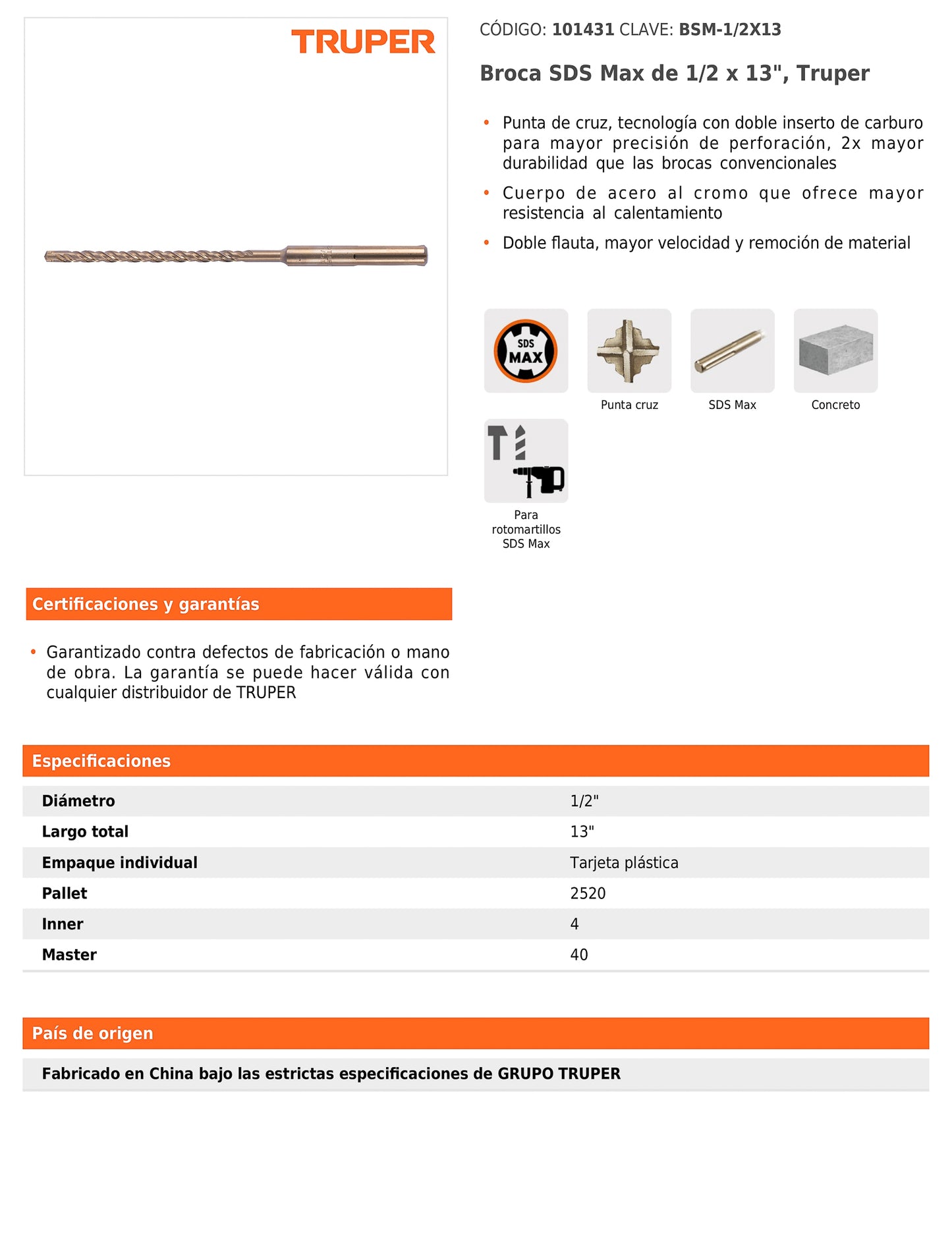 Broca SDS max de 1/2" x 13"