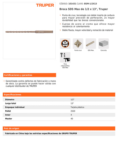 Broca SDS max de 1/2" x 13"