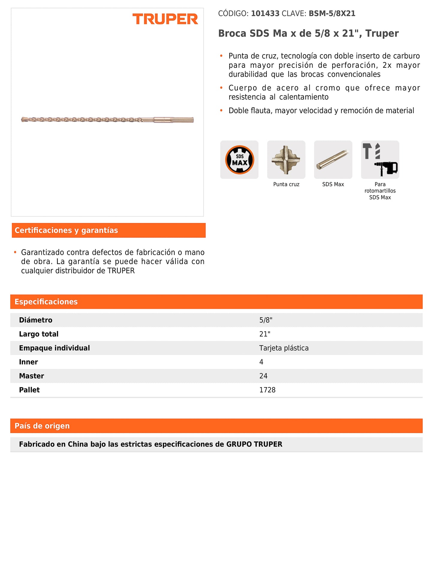 Broca SDS max de 5/8" x 21"