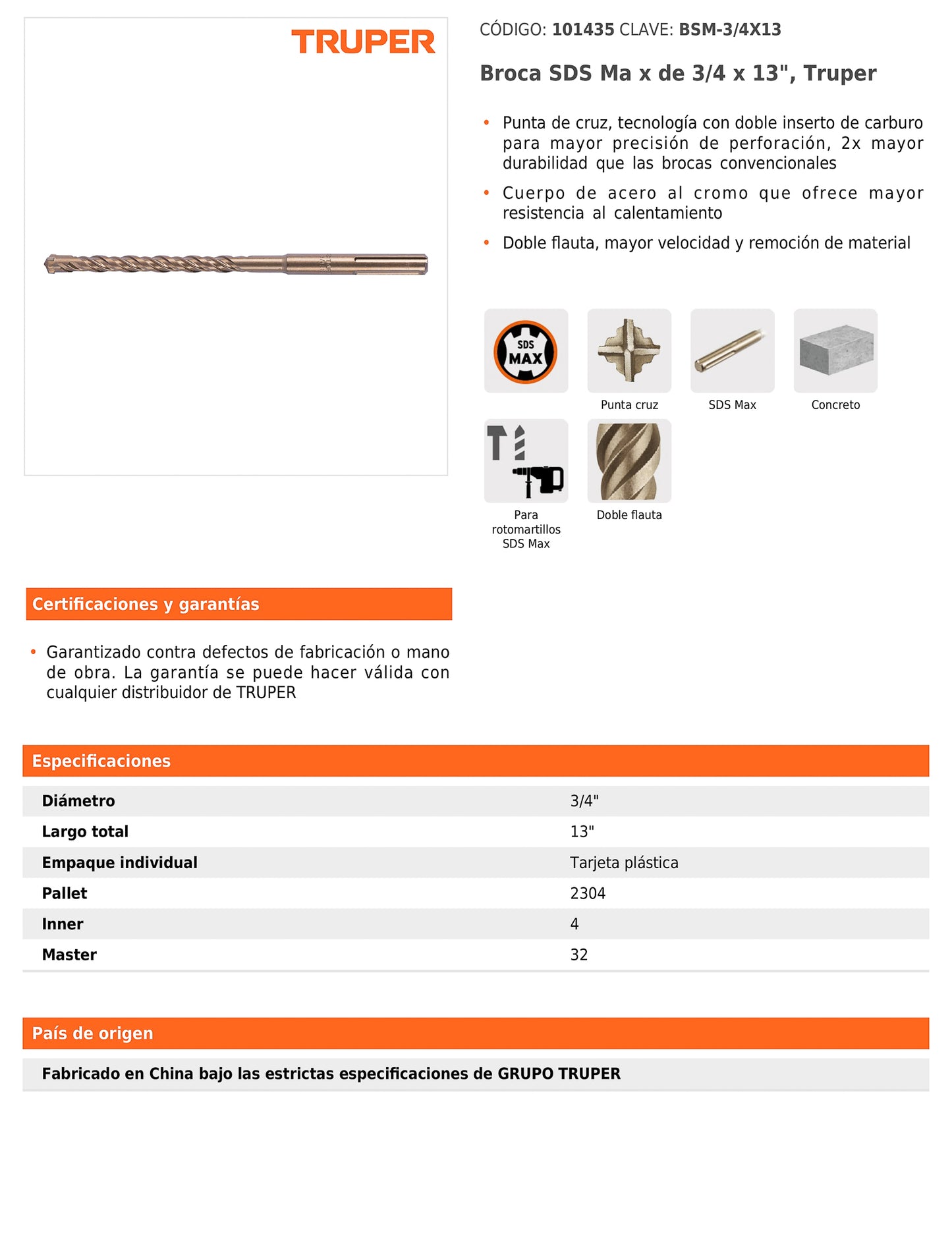 Broca SDS max de 3/4" x 13"