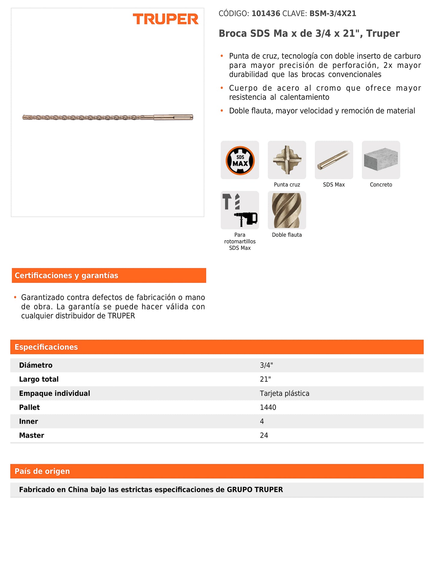 Broca SDS max de 3/4" x 21"
