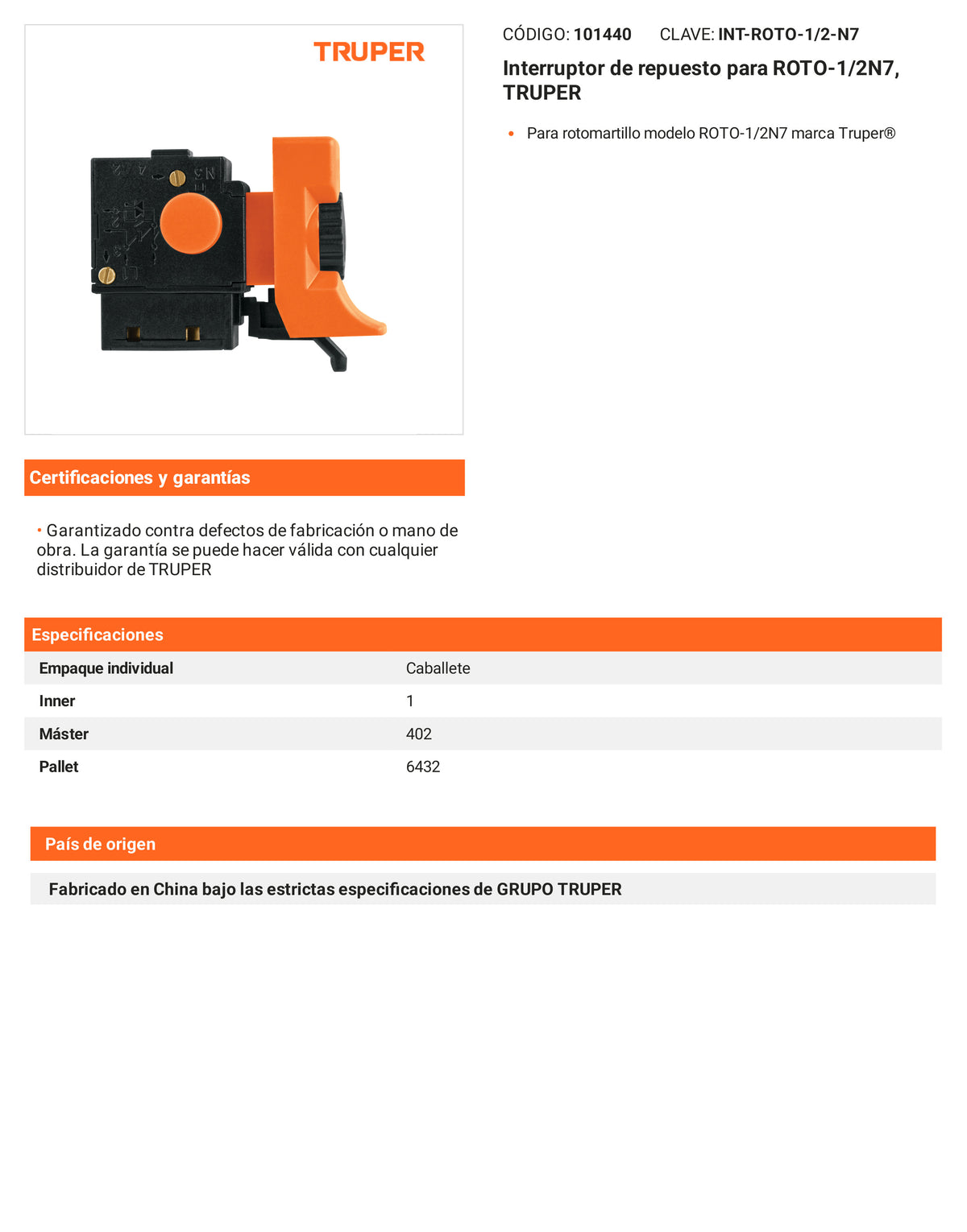 Ficha tecnica - Interruptor para ROTO-1/2N7 - SKU 101440