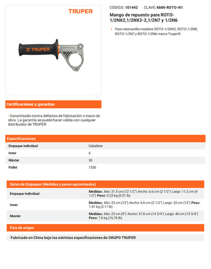 Ficha tecnica - Mango para ROTO-1/2NX2 1/2NX2-2 1/2N7 y 1/2N6 - SKU 101442