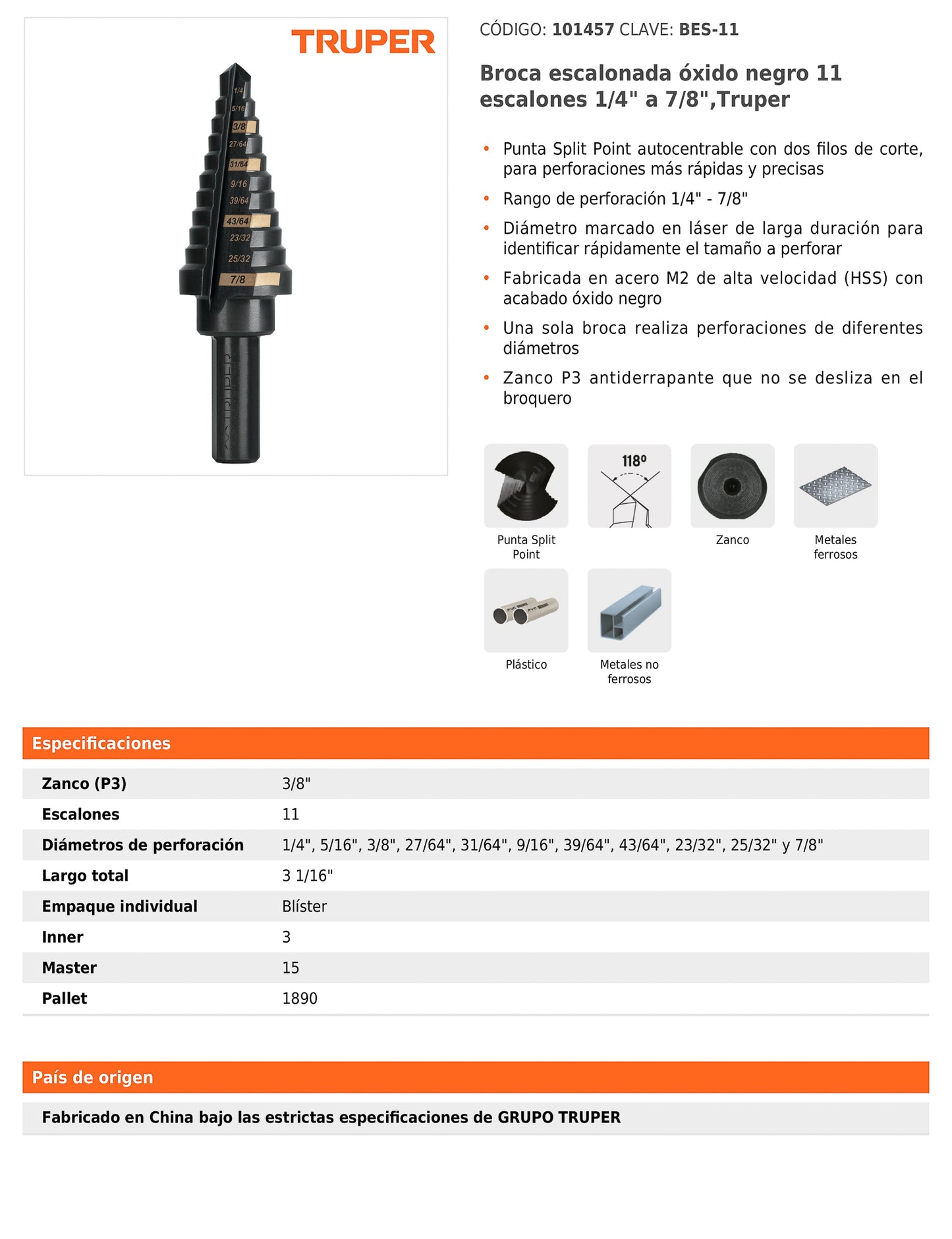 Broca escalonada óxido negro de 11 escalones con punta Split Point