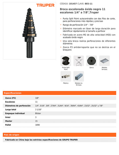Broca escalonada óxido negro de 11 escalones con punta Split Point