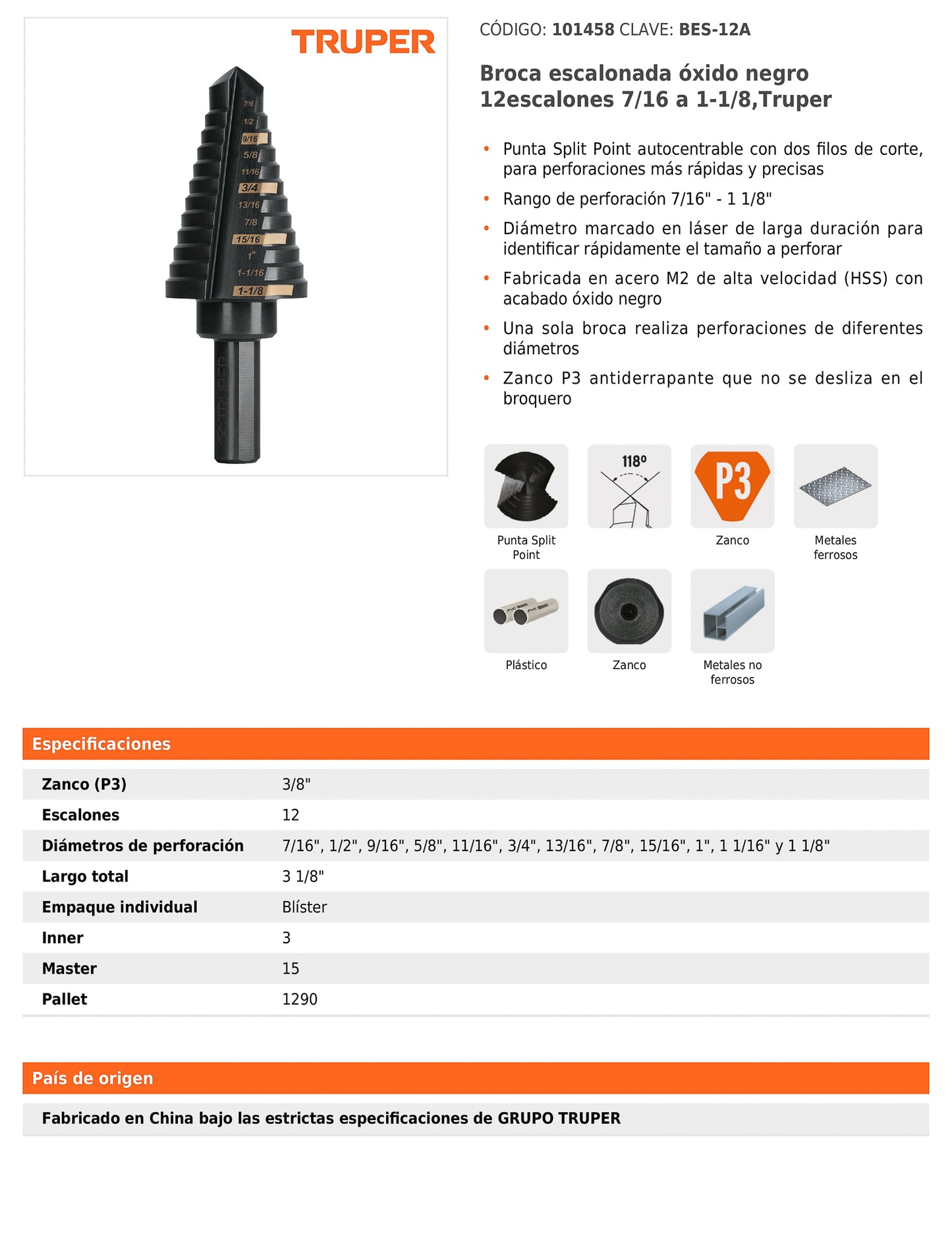 Broca escalonada óxido negro de 12 escalones con punta Split Point