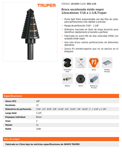 Broca escalonada óxido negro de 12 escalones con punta Split Point