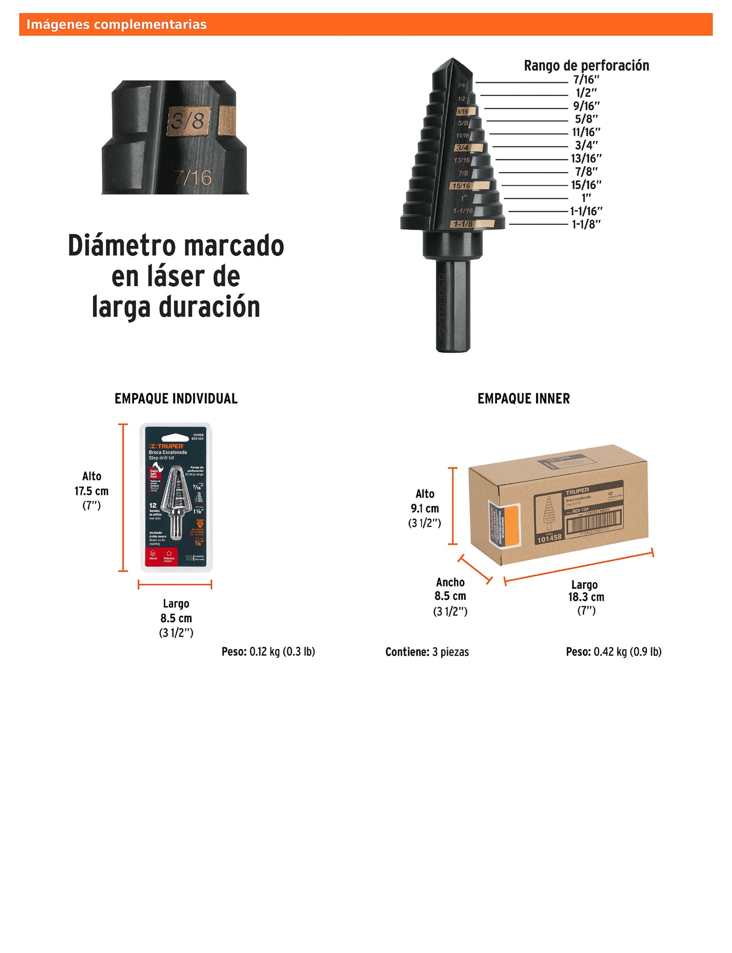 Broca escalonada óxido negro de 12 escalones con punta Split Point