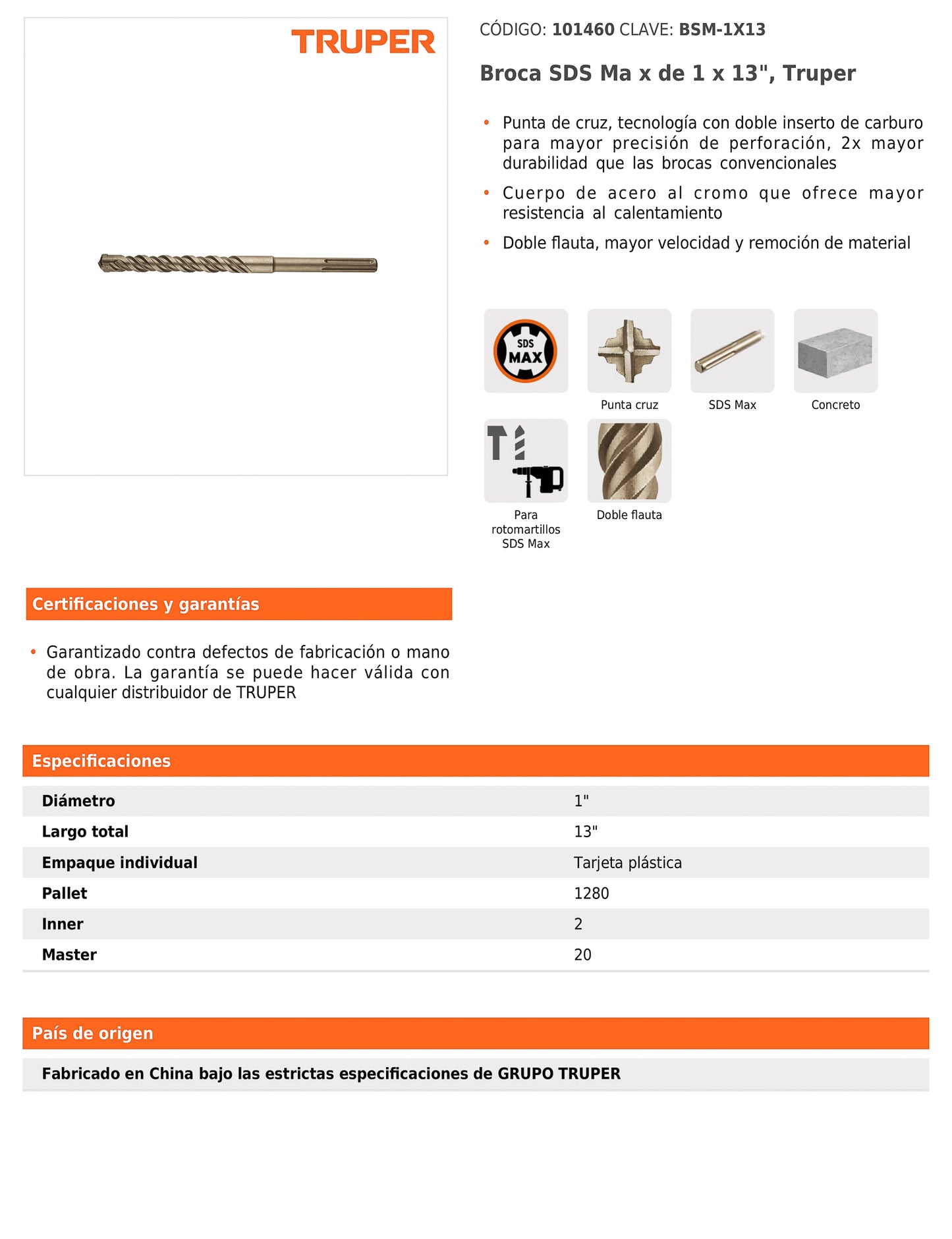 Broca SDS max de 1" x 13"