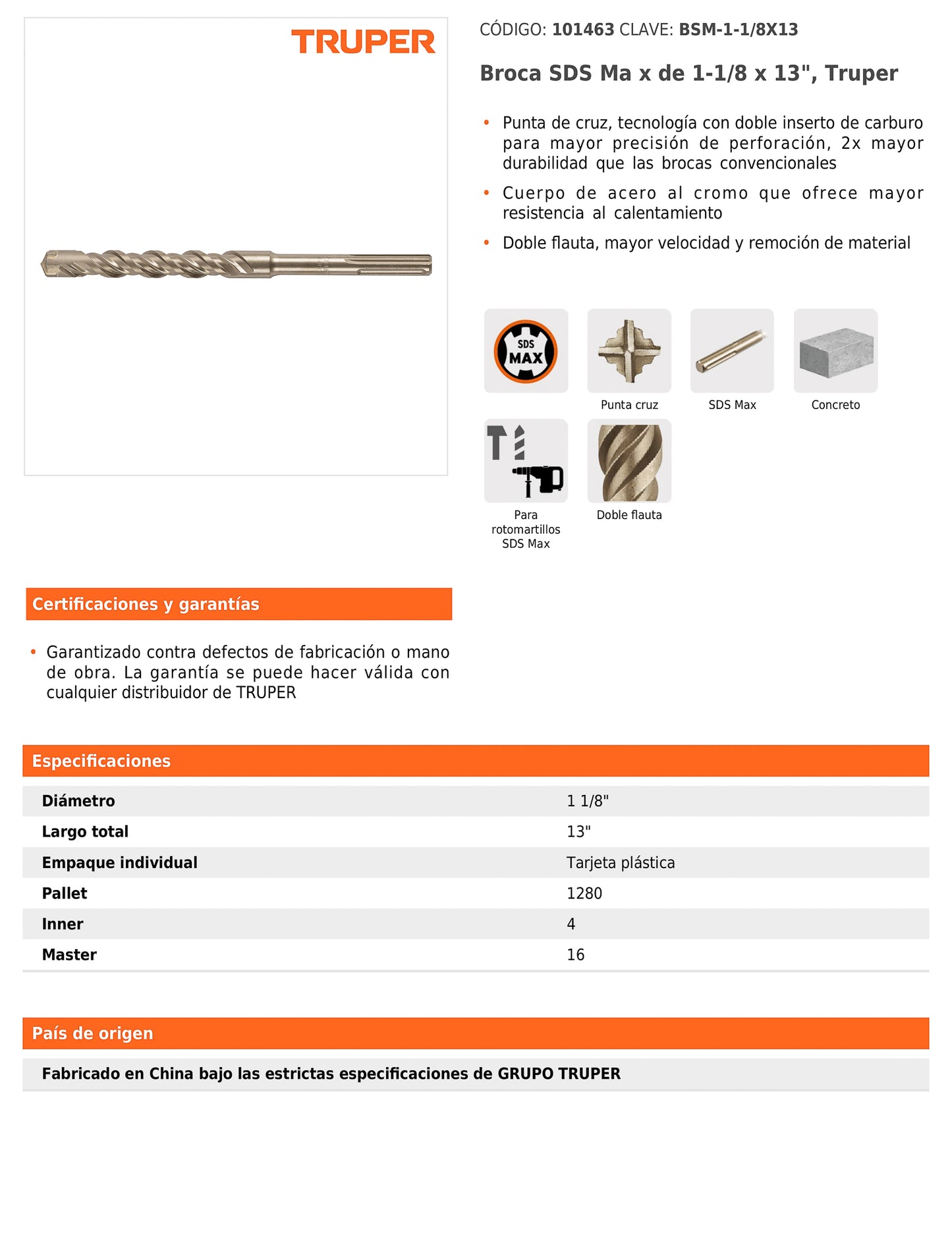 Broca SDS max de 1-1/8" x 13"