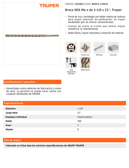 Broca SDS max de 1-1/8" x 21"