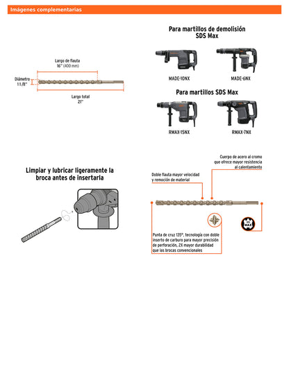 Broca SDS max de 1-1/8" x 21"