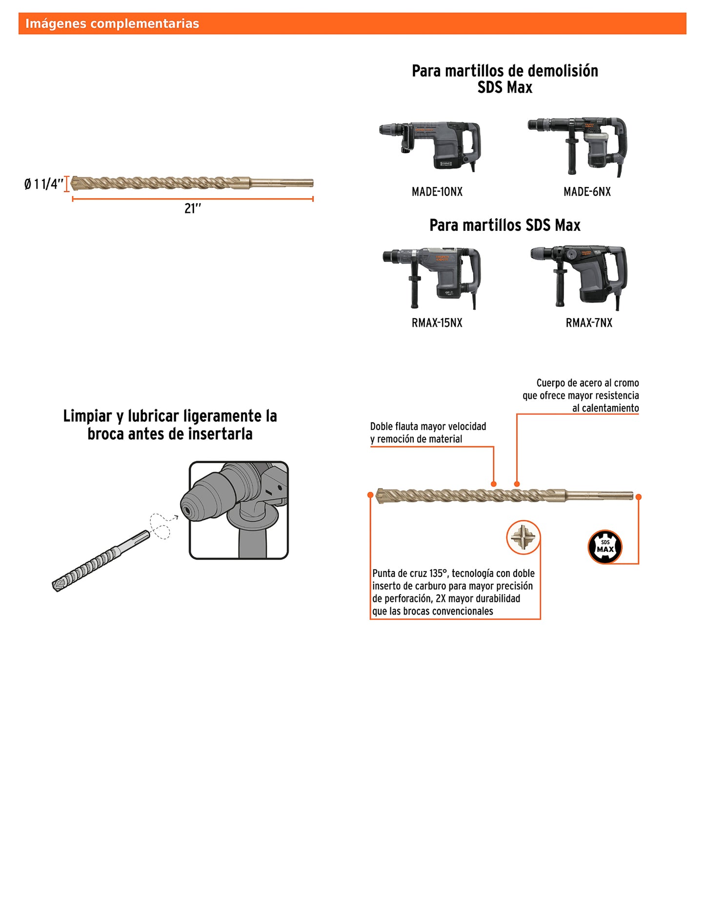 Broca SDS max de 1-1/4" x 21"