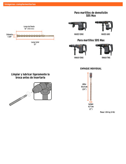 Broca SDS max de 1-3/8" x 21"