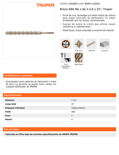 Broca SDS max de 1-1/2" x 21"