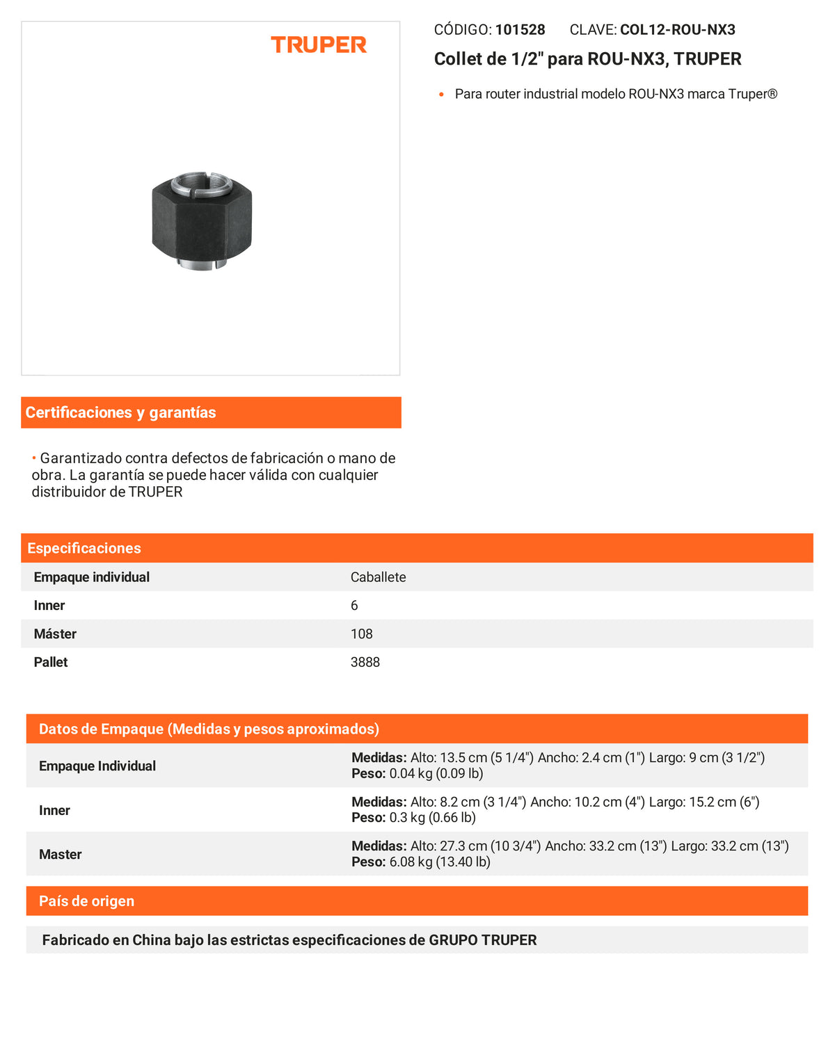 Ficha tecnica - Collet de 1/2 pulg para ROU-NX3 - SKU 101528