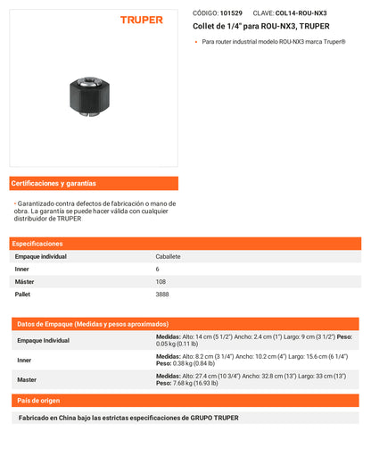 Ficha tecnica - Collet de 1/4 pulg para ROU-NX3 - SKU 101529