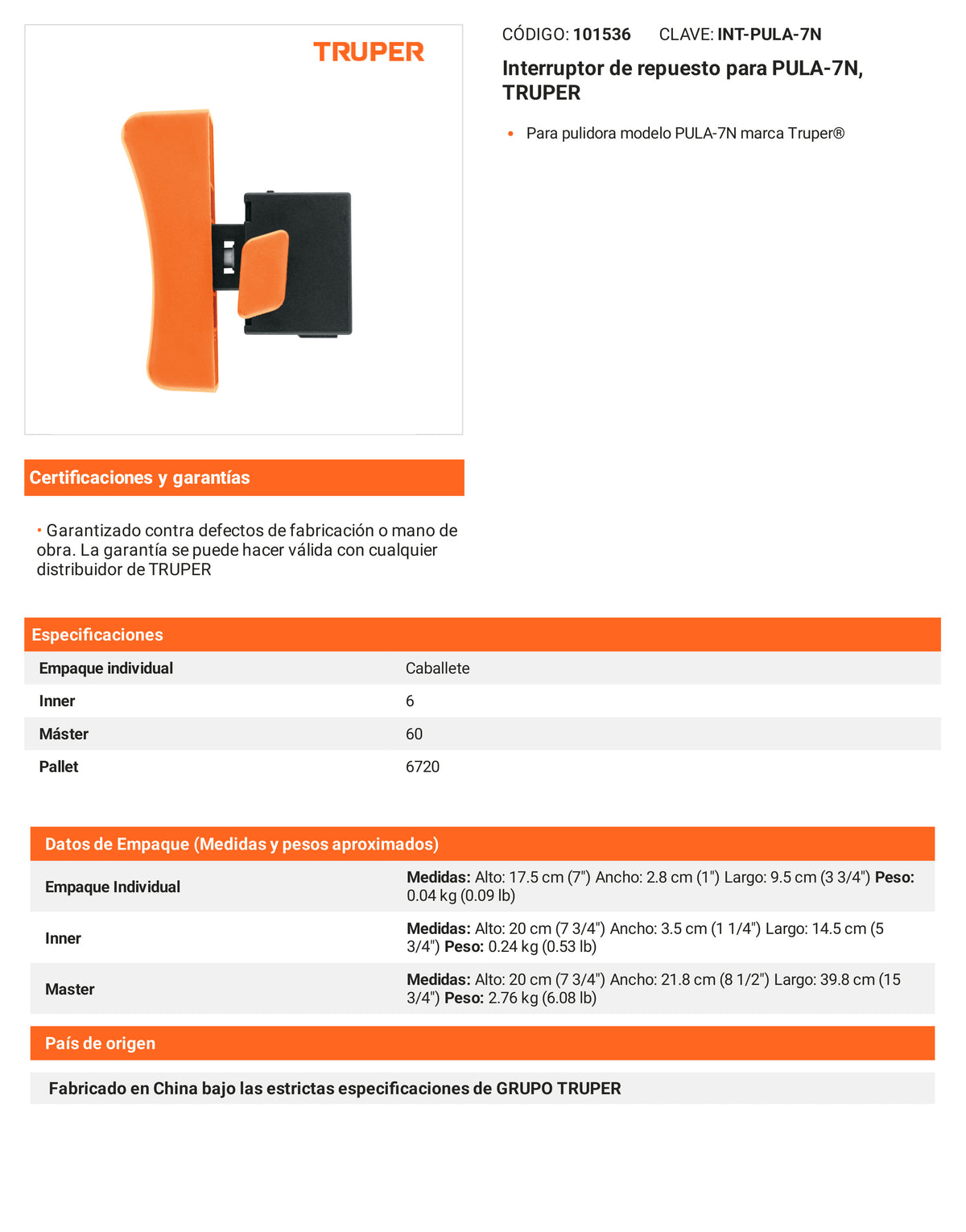 Ficha tecnica - Interruptor para PULA-7N - SKU 101536