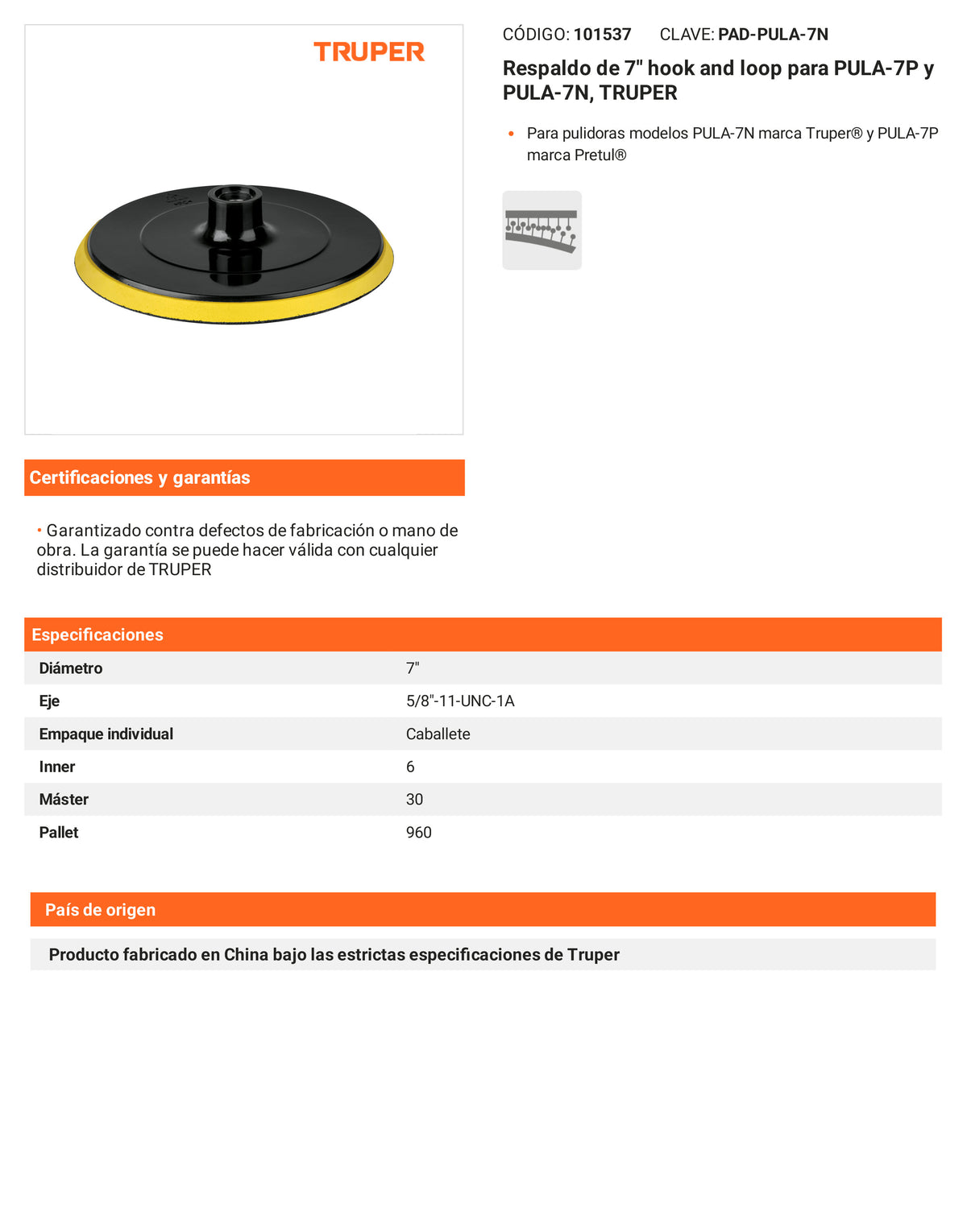 Ficha tecnica - Respaldo de 7 pulg hook and loop PULA-7N - SKU 101537
