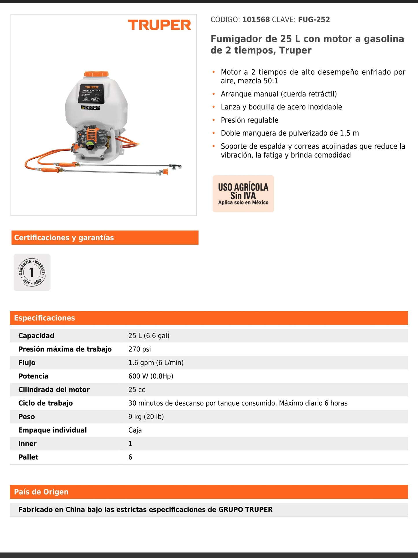 Fumigador de 25 L con motor a gasolina de 2 tiempos
