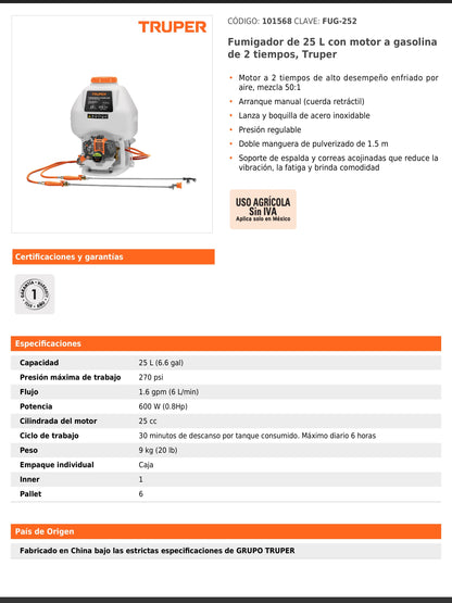 Fumigador de 25 L con motor a gasolina de 2 tiempos